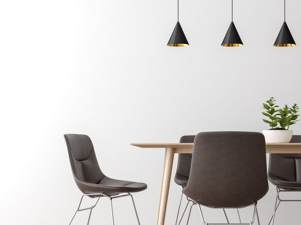 minimalist table, chairs, and lighting