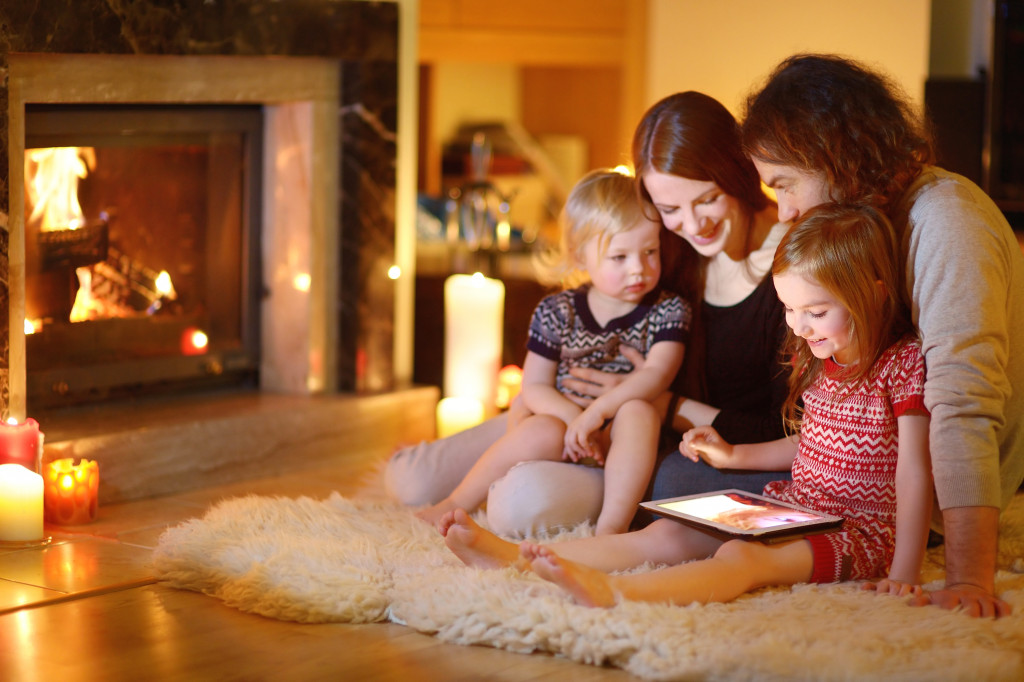 happy family by the fireplace